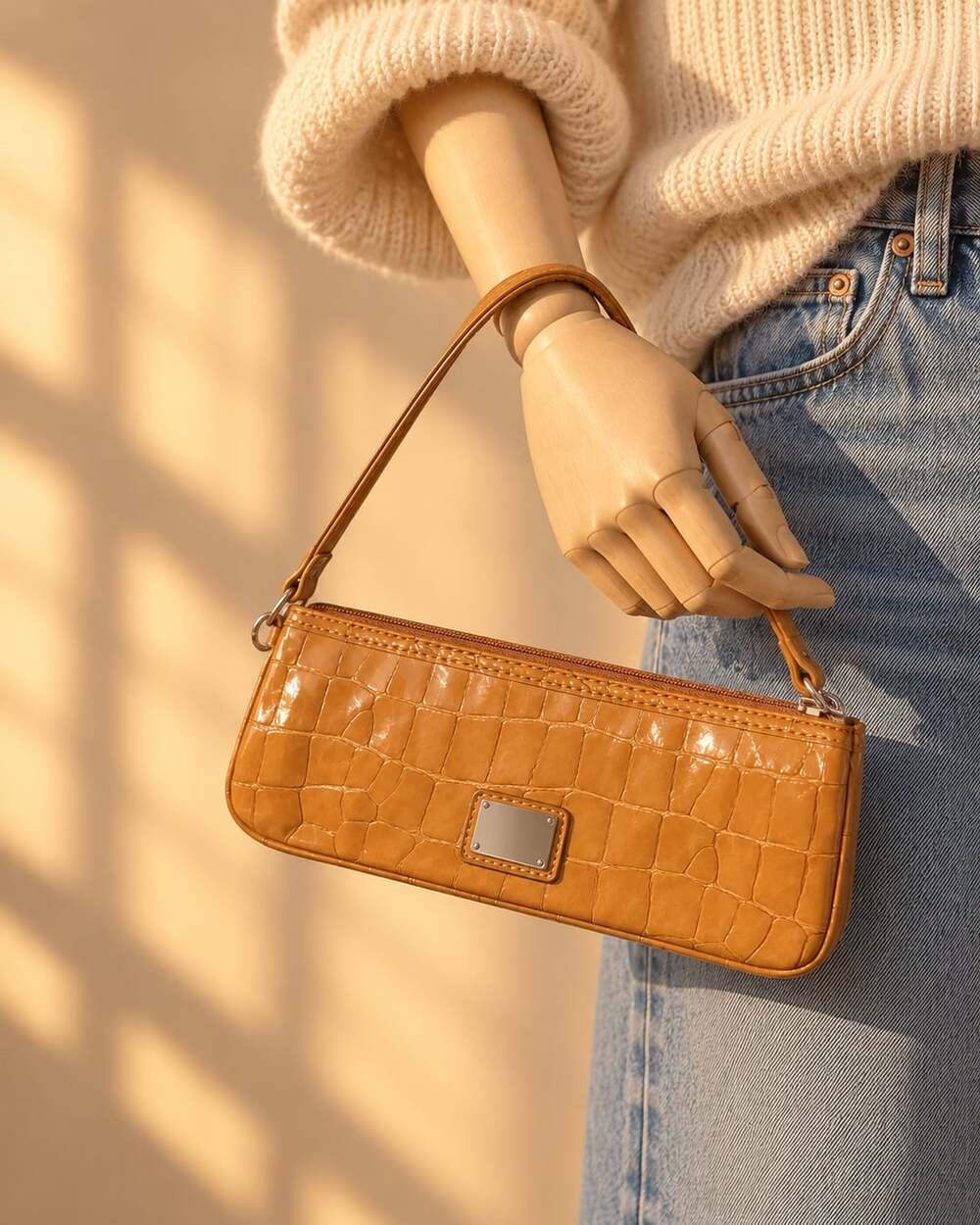 Liz Claiborne Y2K Croc Embossed Baguette Bag Tan 2000s Wristlet